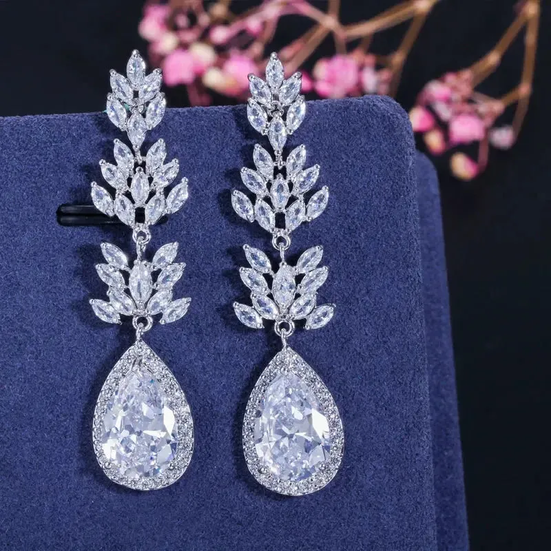 Black Cubic Zirconia Stone Marquise Shape Long Dangle Drop Wedding Party Earrings Jewelry for Women
