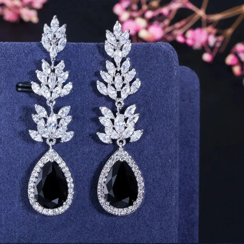 Black Cubic Zirconia Stone Marquise Shape Long Dangle Drop Wedding Party Earrings Jewelry for Women