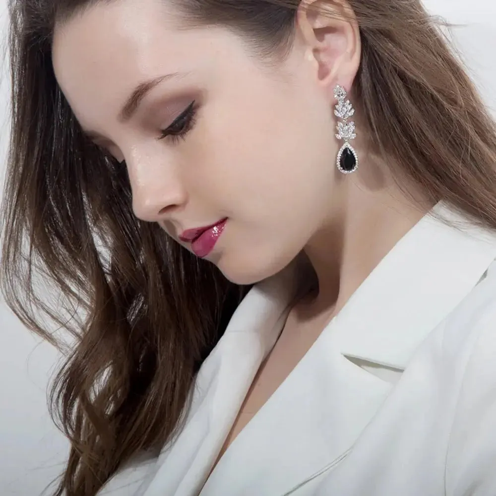 Black Cubic Zirconia Stone Marquise Shape Long Dangle Drop Wedding Party Earrings Jewelry for Women