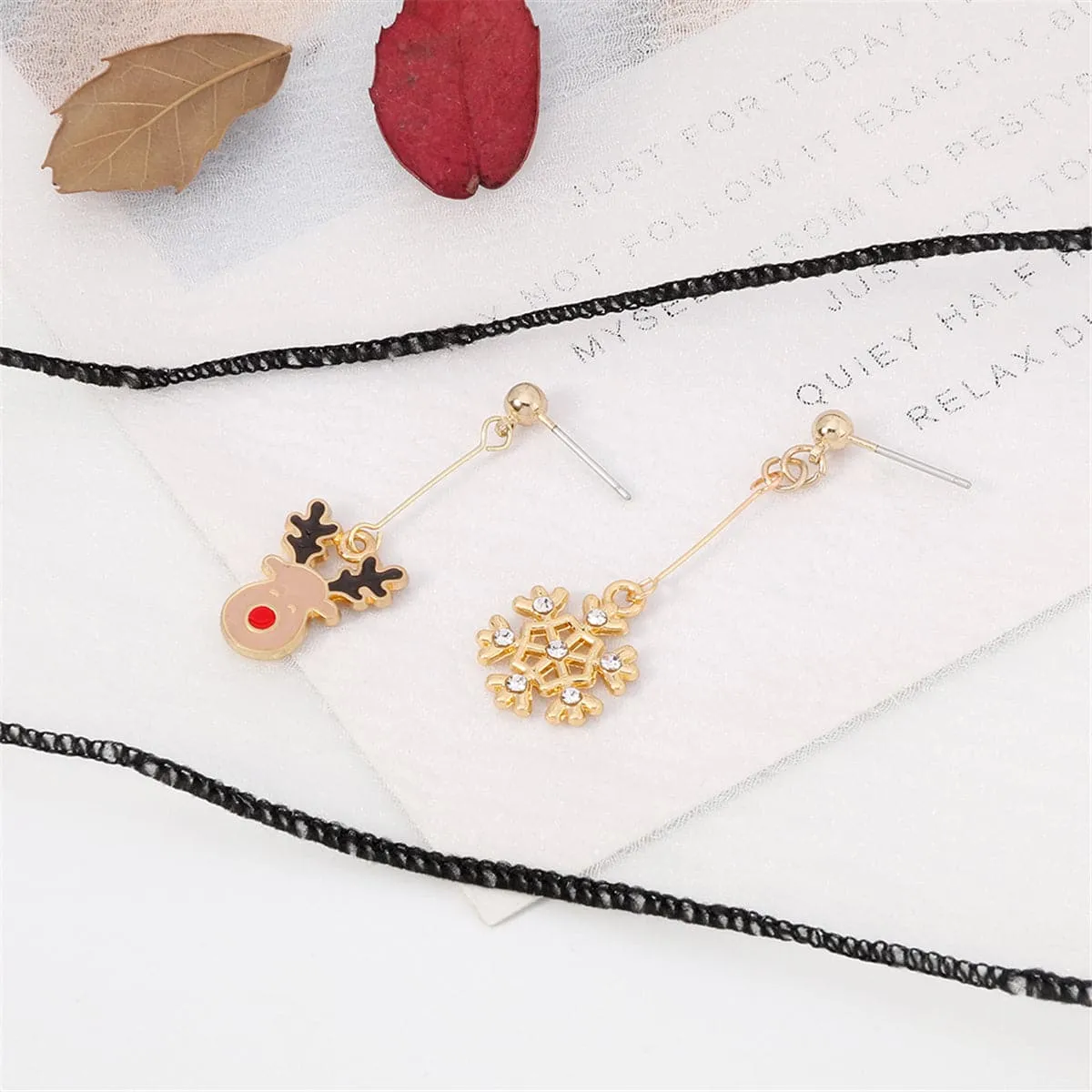 Black Enamel & Cubic Zirconia Snowflake & Reindeer Drop Earrings