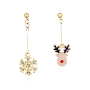 Black Enamel & Cubic Zirconia Snowflake & Reindeer Drop Earrings