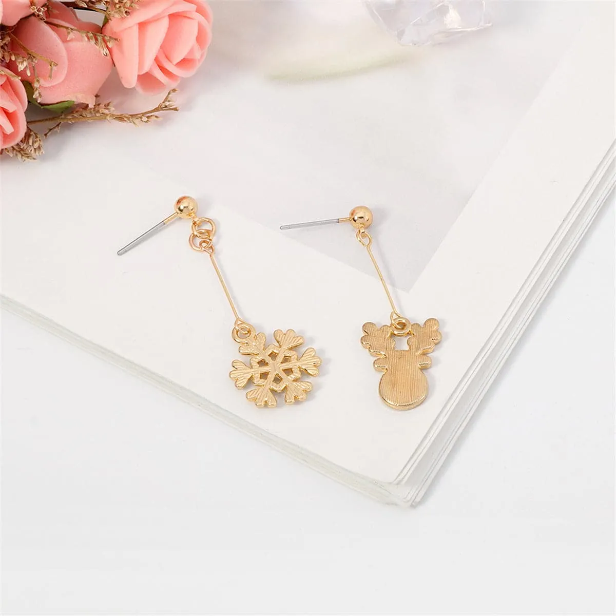 Black Enamel & Cubic Zirconia Snowflake & Reindeer Drop Earrings