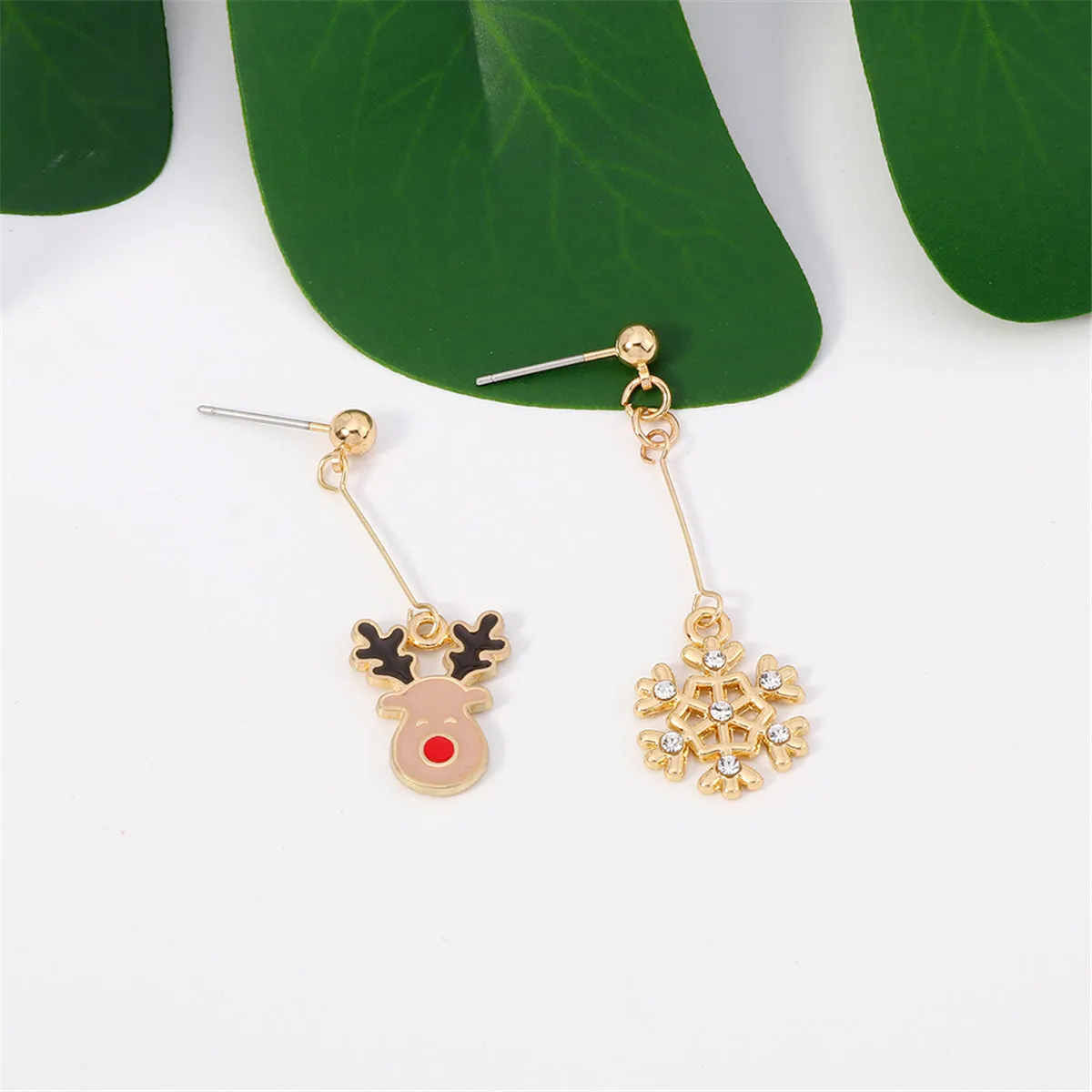 Black Enamel & Cubic Zirconia Snowflake & Reindeer Drop Earrings