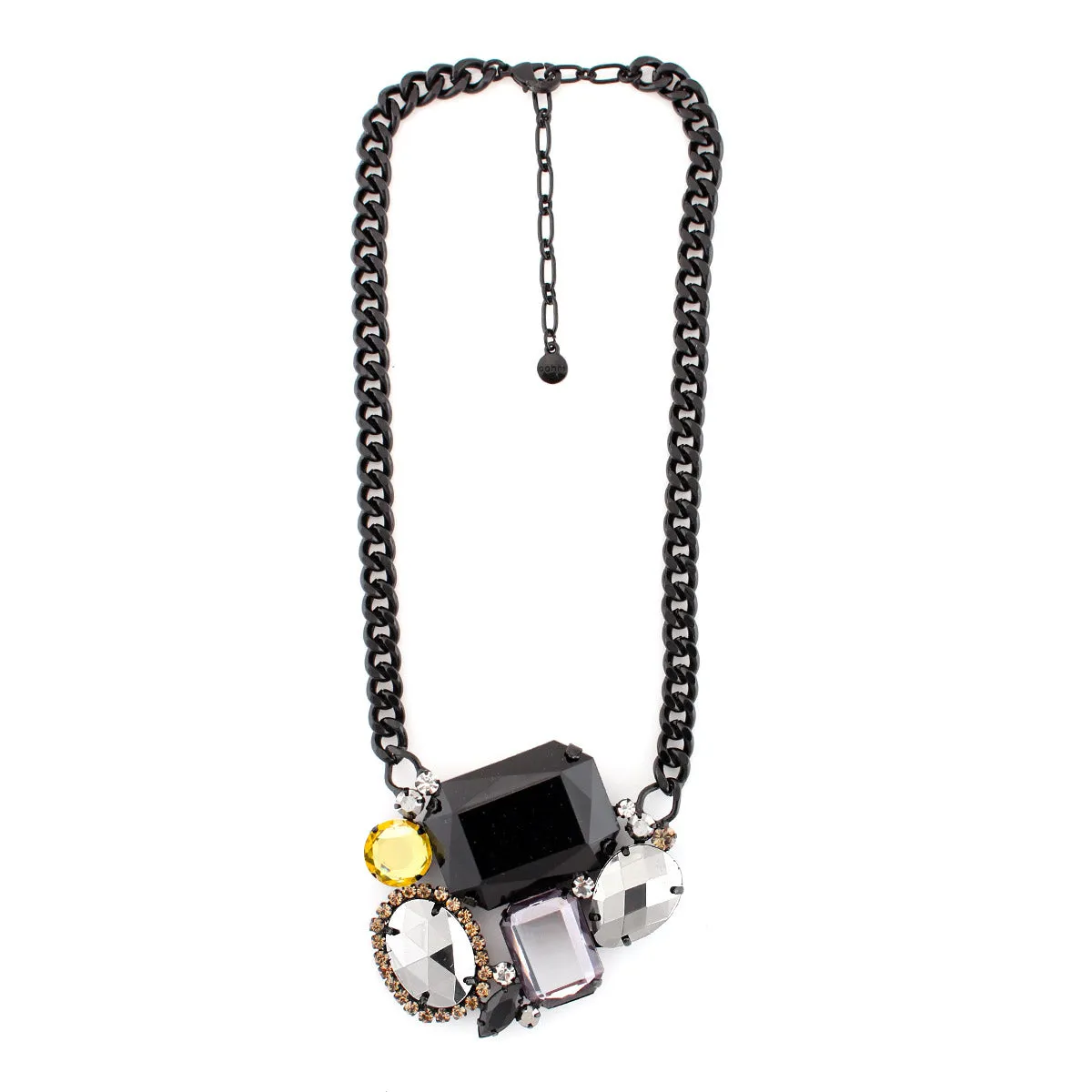 Black Metal Necklace with Yellow, Clear, and Black Faceted Stones #256BK1101