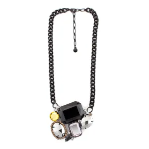 Black Metal Necklace with Yellow, Clear, and Black Faceted Stones #256BK1101