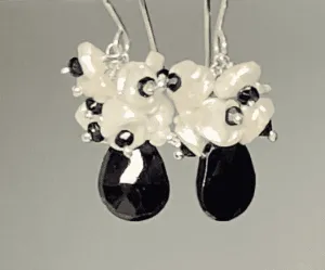 Black Spinel White Keishi Pearl Cluster Earrings