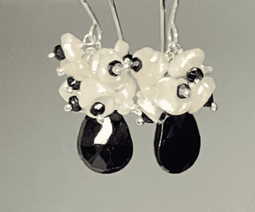Black Spinel White Keishi Pearl Cluster Earrings