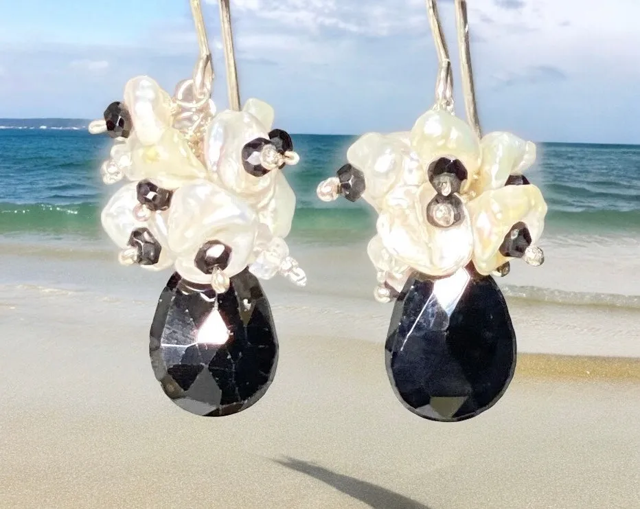 Black Spinel White Keishi Pearl Cluster Earrings