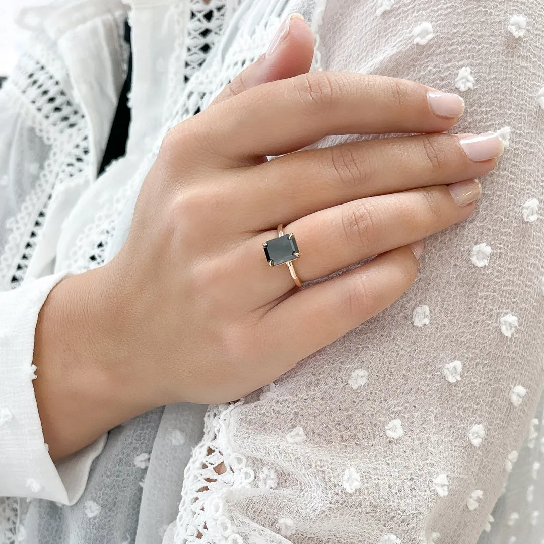 Black Velvet Natural Black Diamond Emerald Cut Engagement Ring