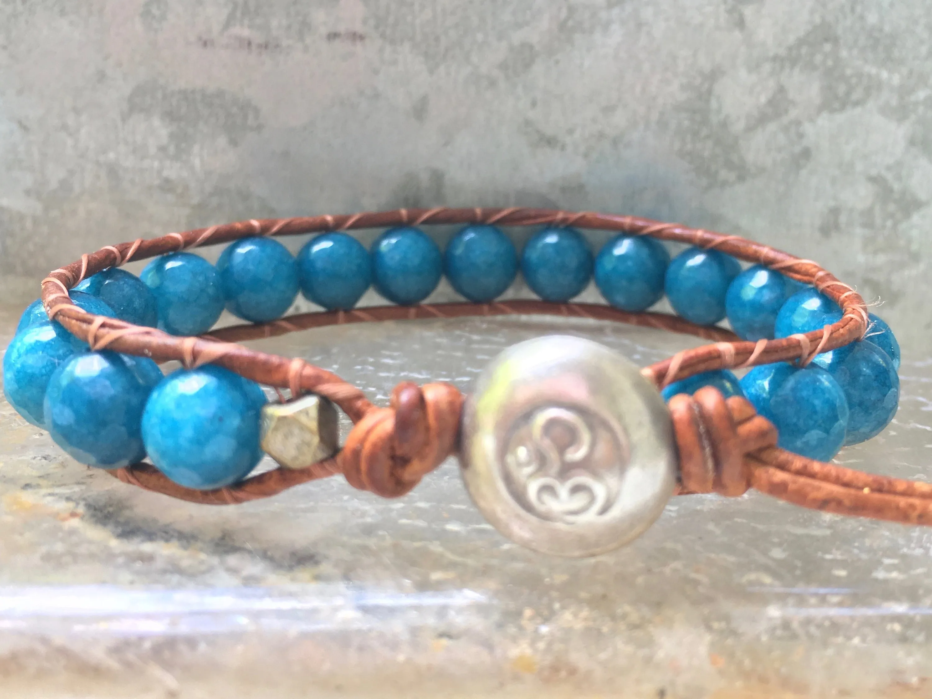 Blue Agate Silver Om Wrap Bracelet