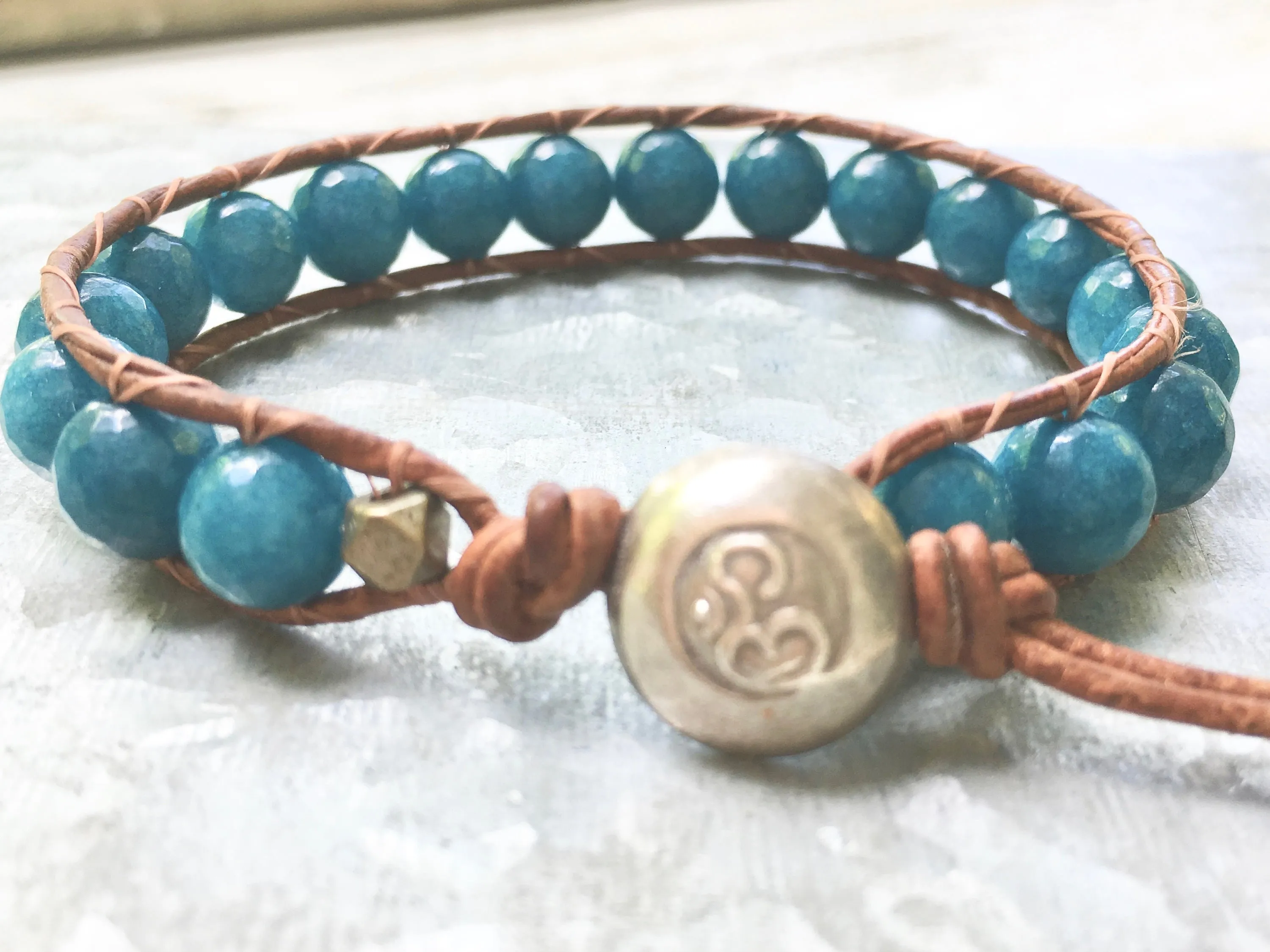 Blue Agate Silver Om Wrap Bracelet