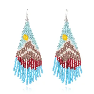 Blue & Yellow Mountain Sun Beaded Drop Earrings