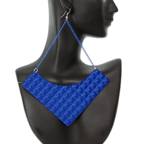Blue Large Pyramid Textured Chain Earrings