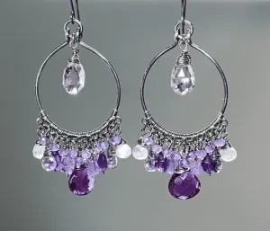 Blue Violet Statement Chandelier Hoop Earrings in Oxidized Sterling Silver