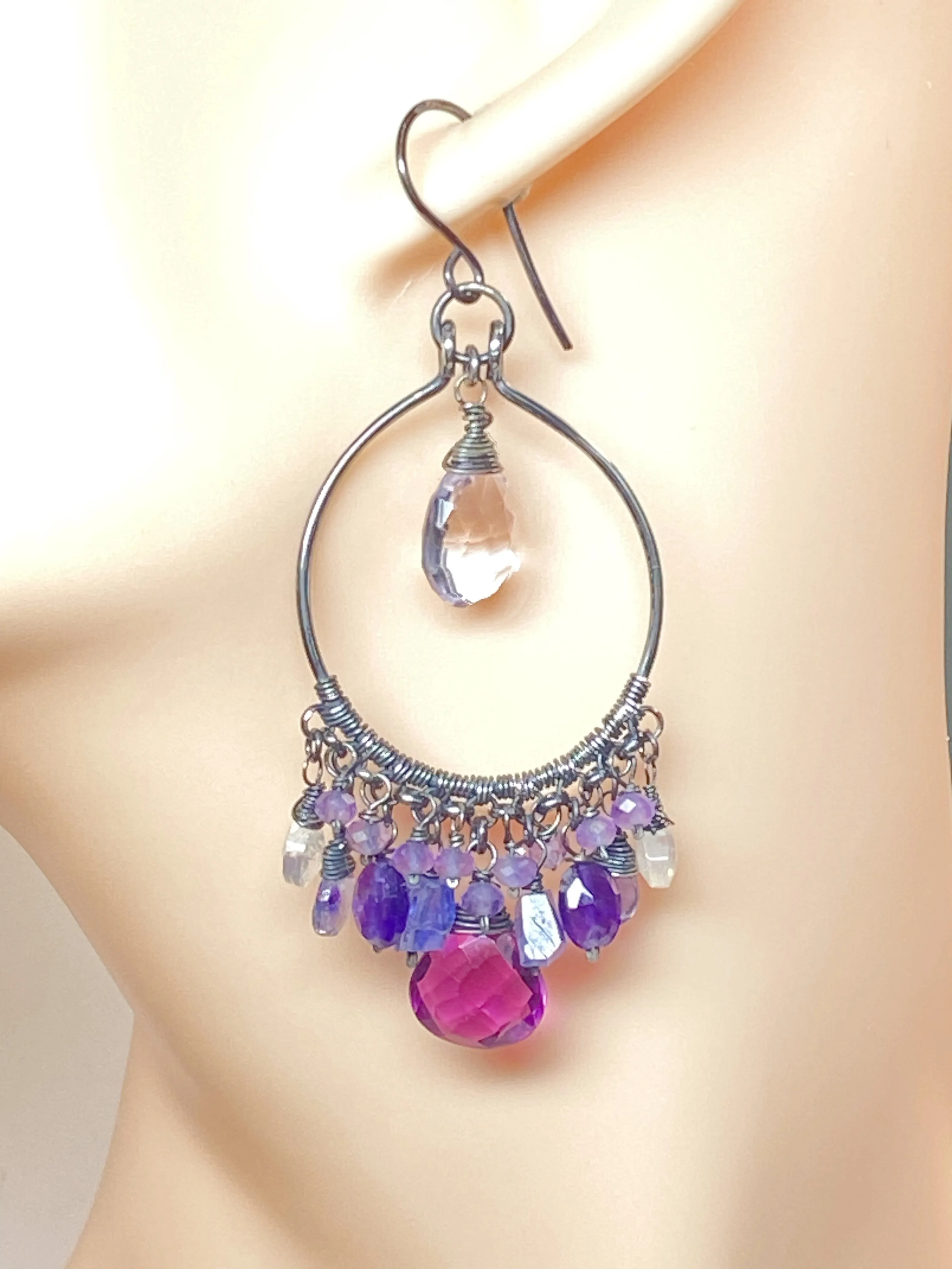 Blue Violet Statement Chandelier Hoop Earrings in Oxidized Sterling Silver