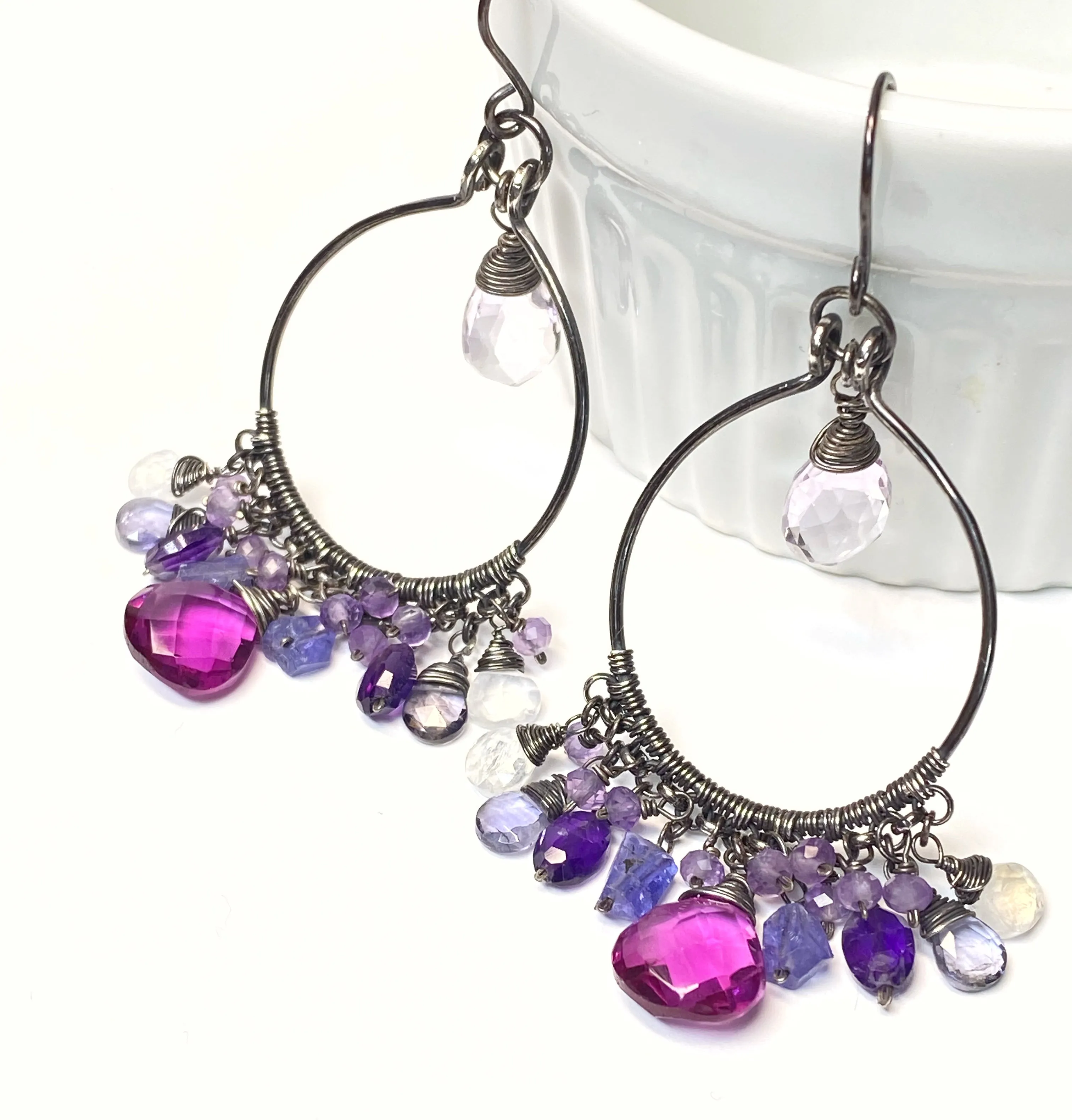 Blue Violet Statement Chandelier Hoop Earrings in Oxidized Sterling Silver