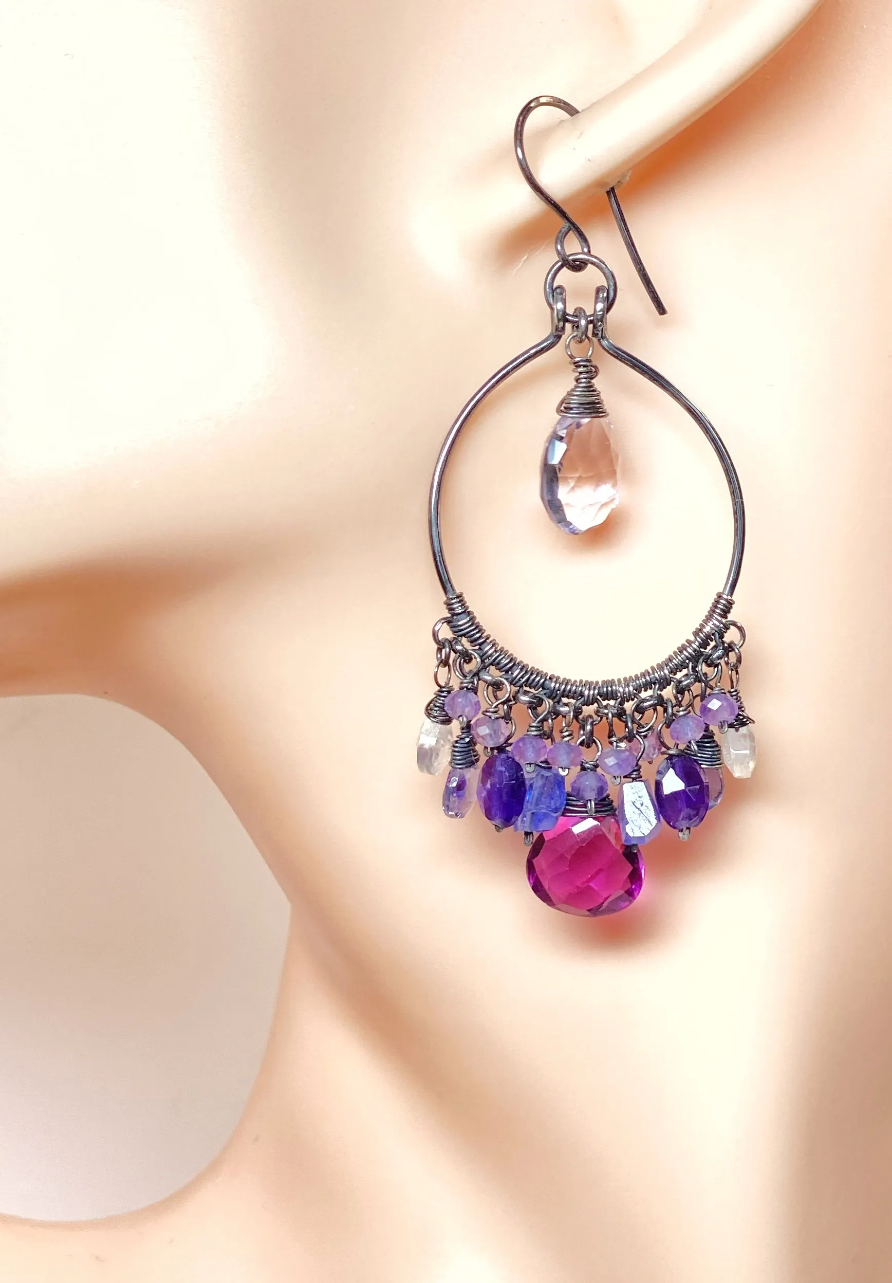 Blue Violet Statement Chandelier Hoop Earrings in Oxidized Sterling Silver
