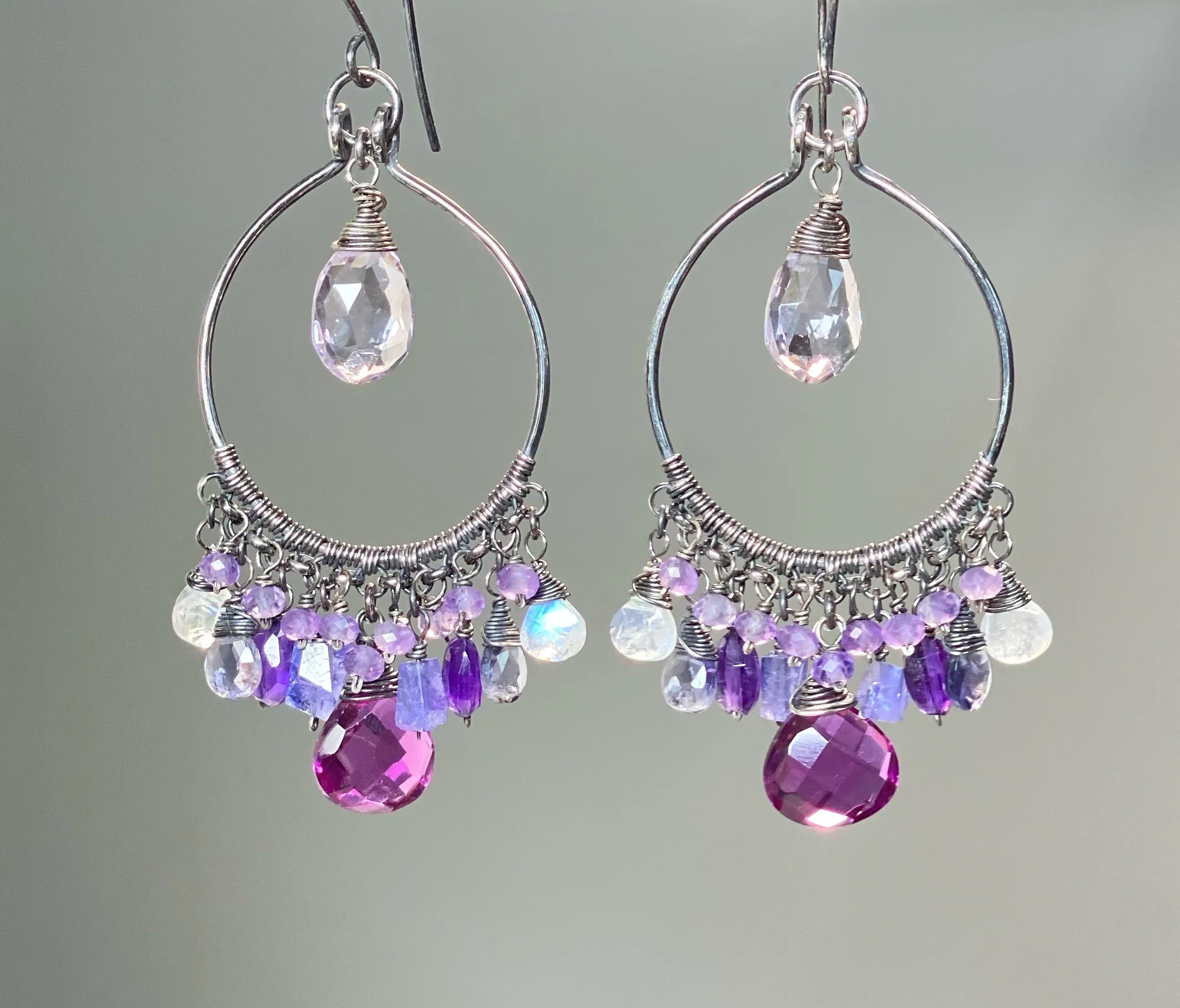 Blue Violet Statement Chandelier Hoop Earrings in Oxidized Sterling Silver