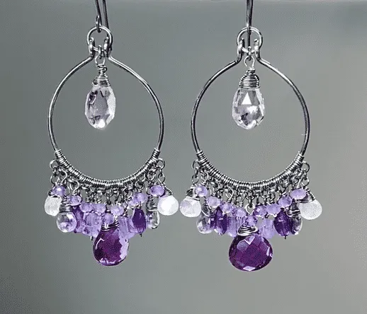 Blue Violet Statement Chandelier Hoop Earrings in Oxidized Sterling Silver