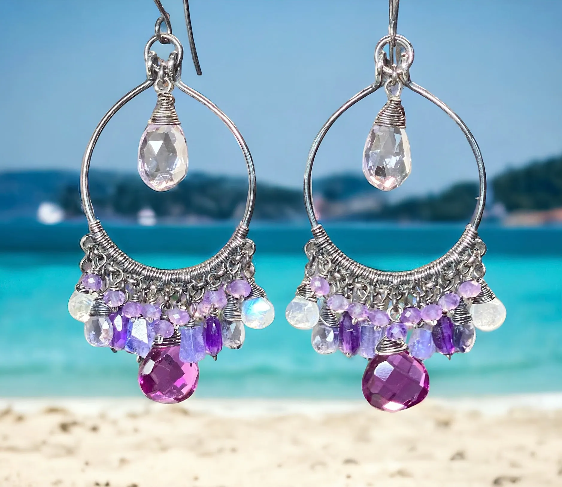 Blue Violet Statement Chandelier Hoop Earrings in Oxidized Sterling Silver