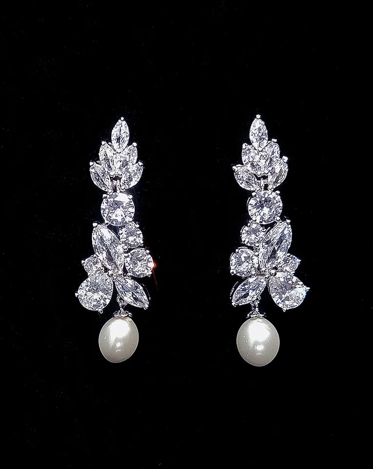 Bridal earrings - Old Hollywood glam crystal with pearl drop - Christie by Stephanie Browne
