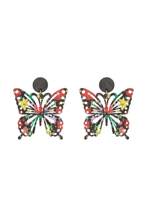 BUTTERFLY SHAPE WOOD PRINT DANGLE EARRINGS
