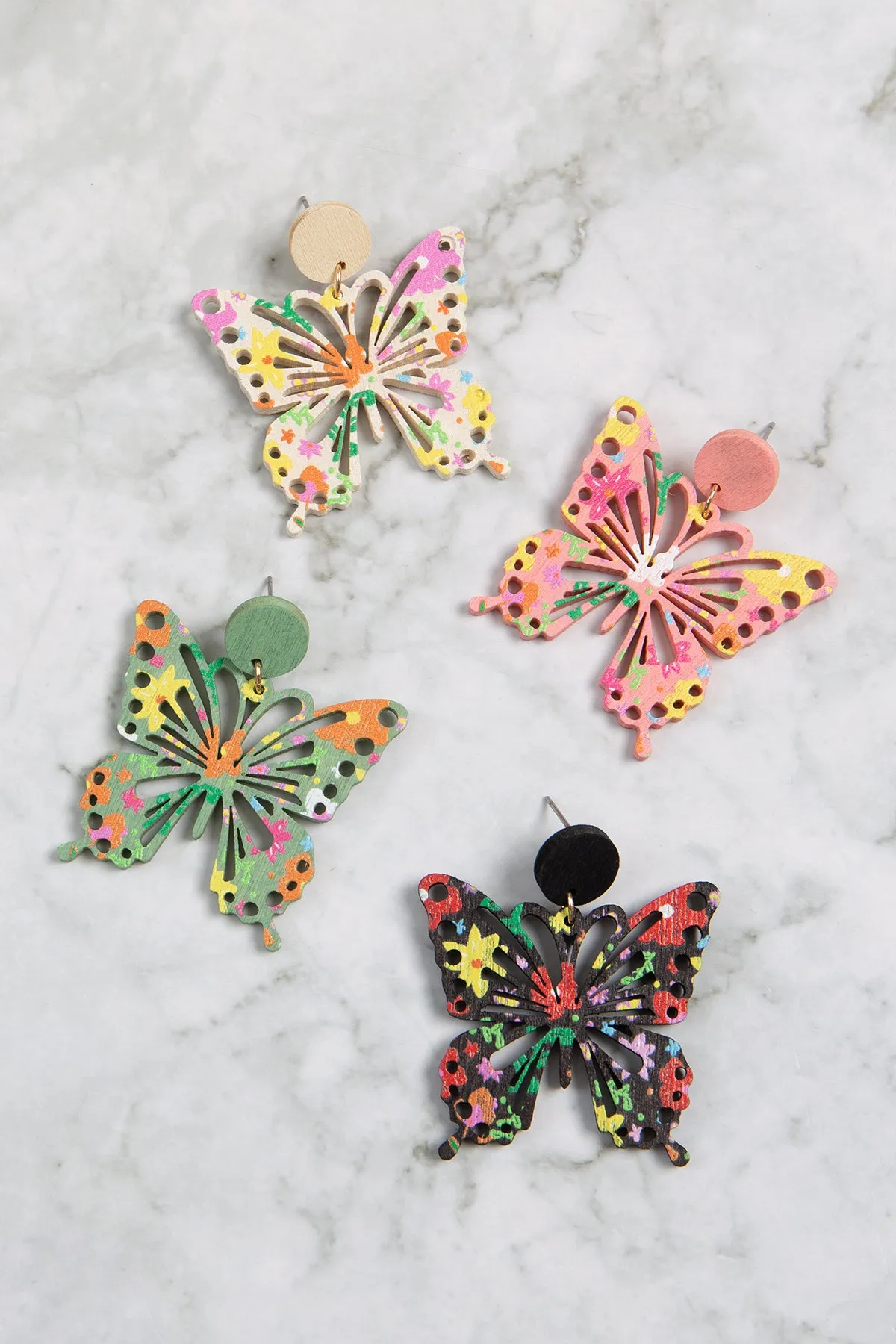 BUTTERFLY SHAPE WOOD PRINT DANGLE EARRINGS