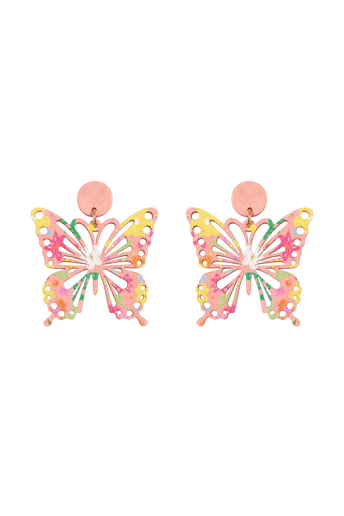BUTTERFLY SHAPE WOOD PRINT DANGLE EARRINGS