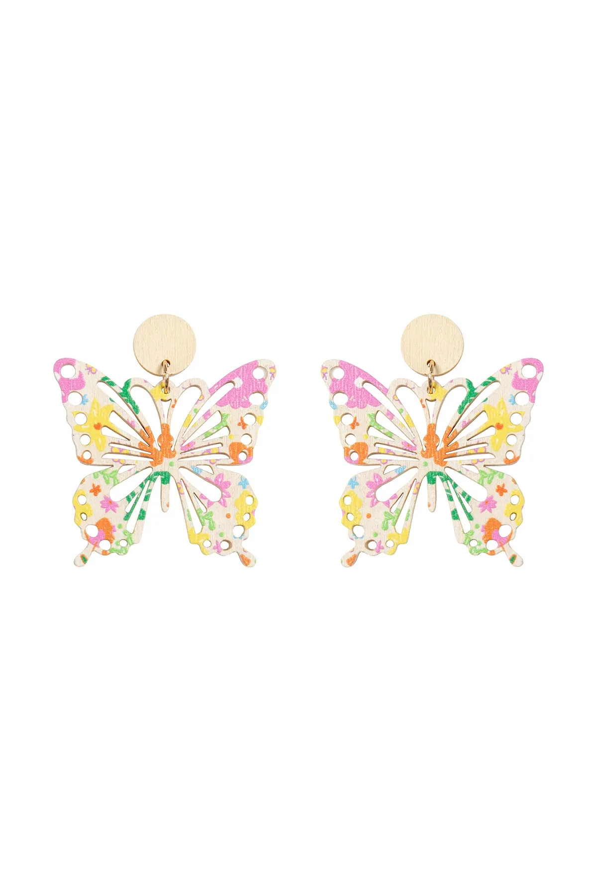 BUTTERFLY SHAPE WOOD PRINT DANGLE EARRINGS