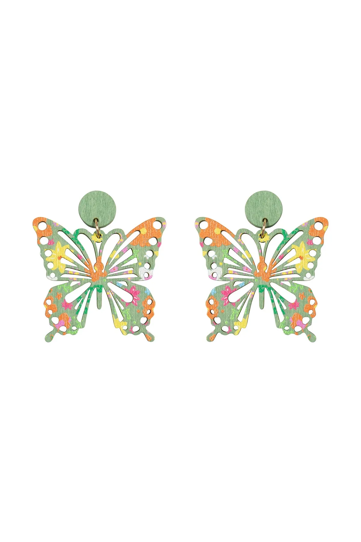 BUTTERFLY SHAPE WOOD PRINT DANGLE EARRINGS