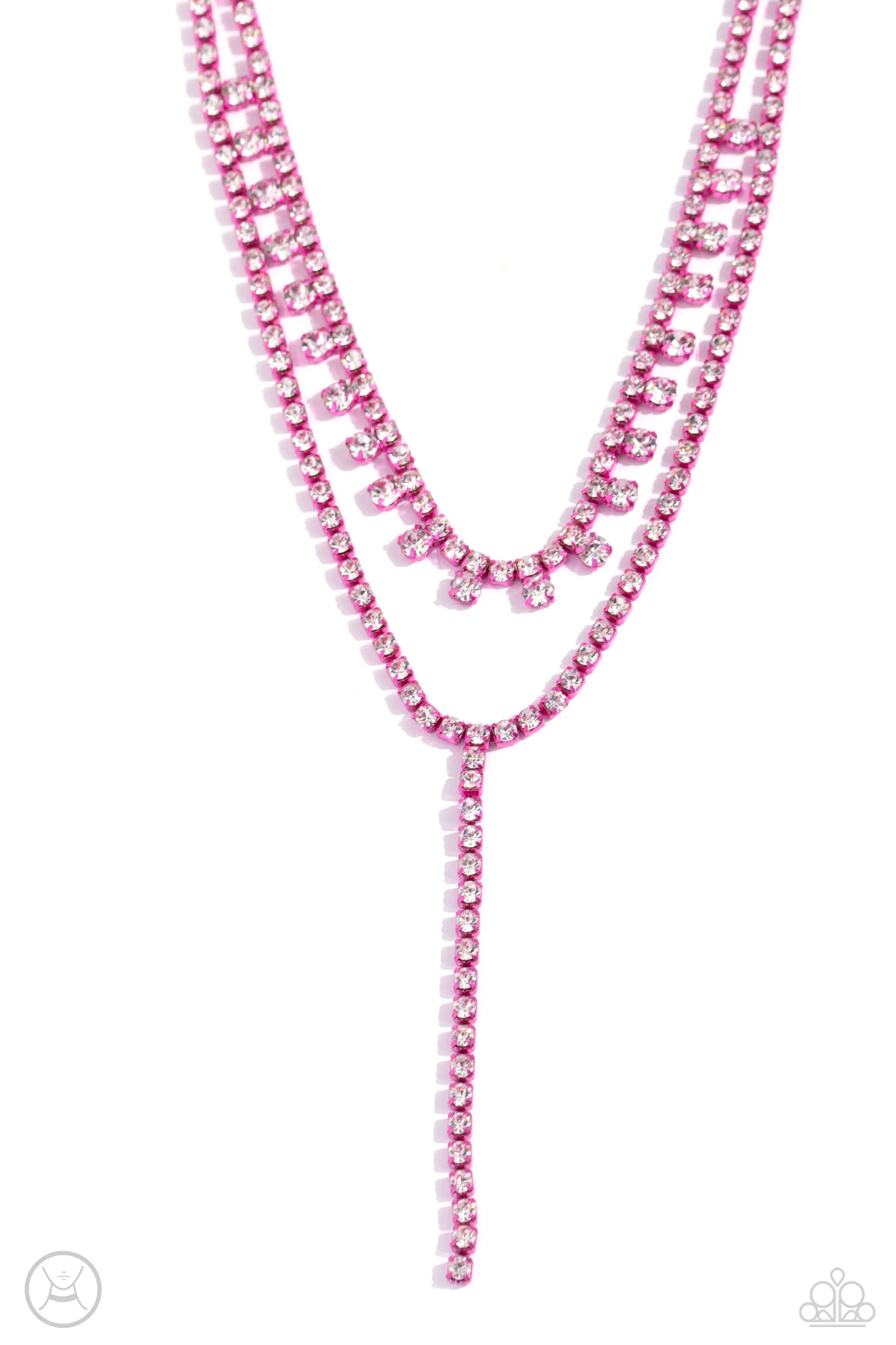 Champagne Night - Pink - Metallic White Rhinestone Tiered Paparazzi Choker Necklace