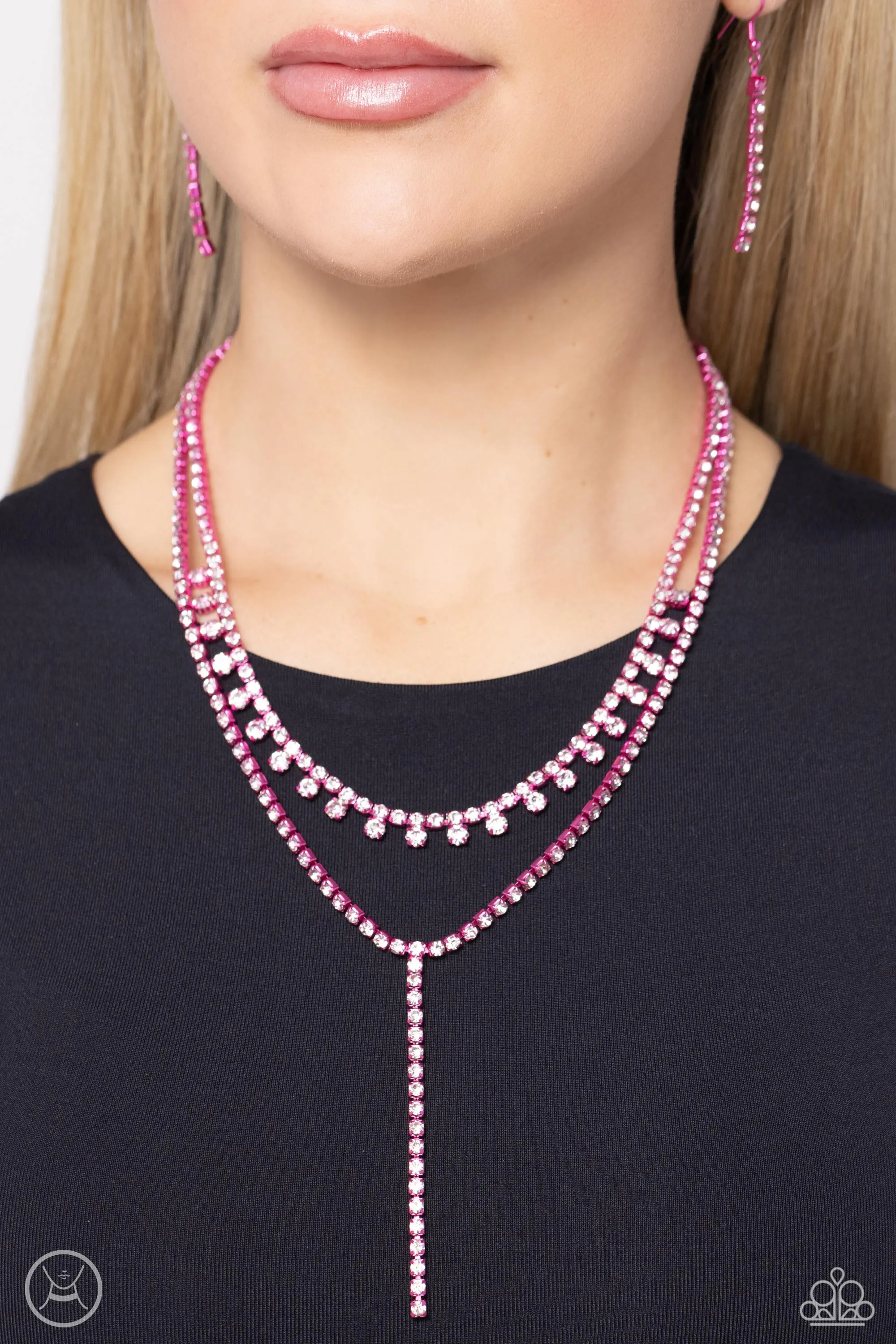 Champagne Night - Pink - Metallic White Rhinestone Tiered Paparazzi Choker Necklace
