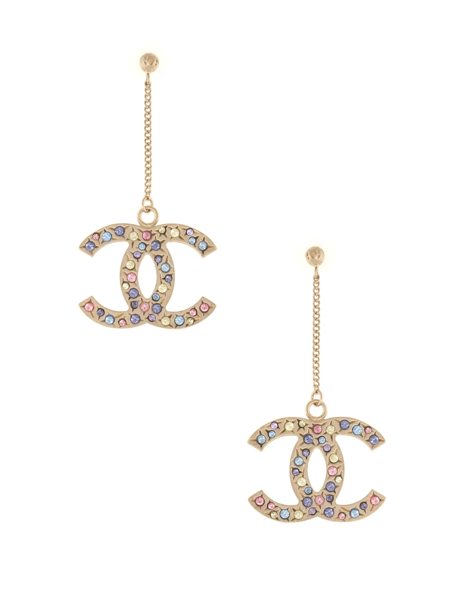 Chanel CC Logo Dangle Earrings Pastel Crystal Stones Yellow Gold Tone Circa 2006