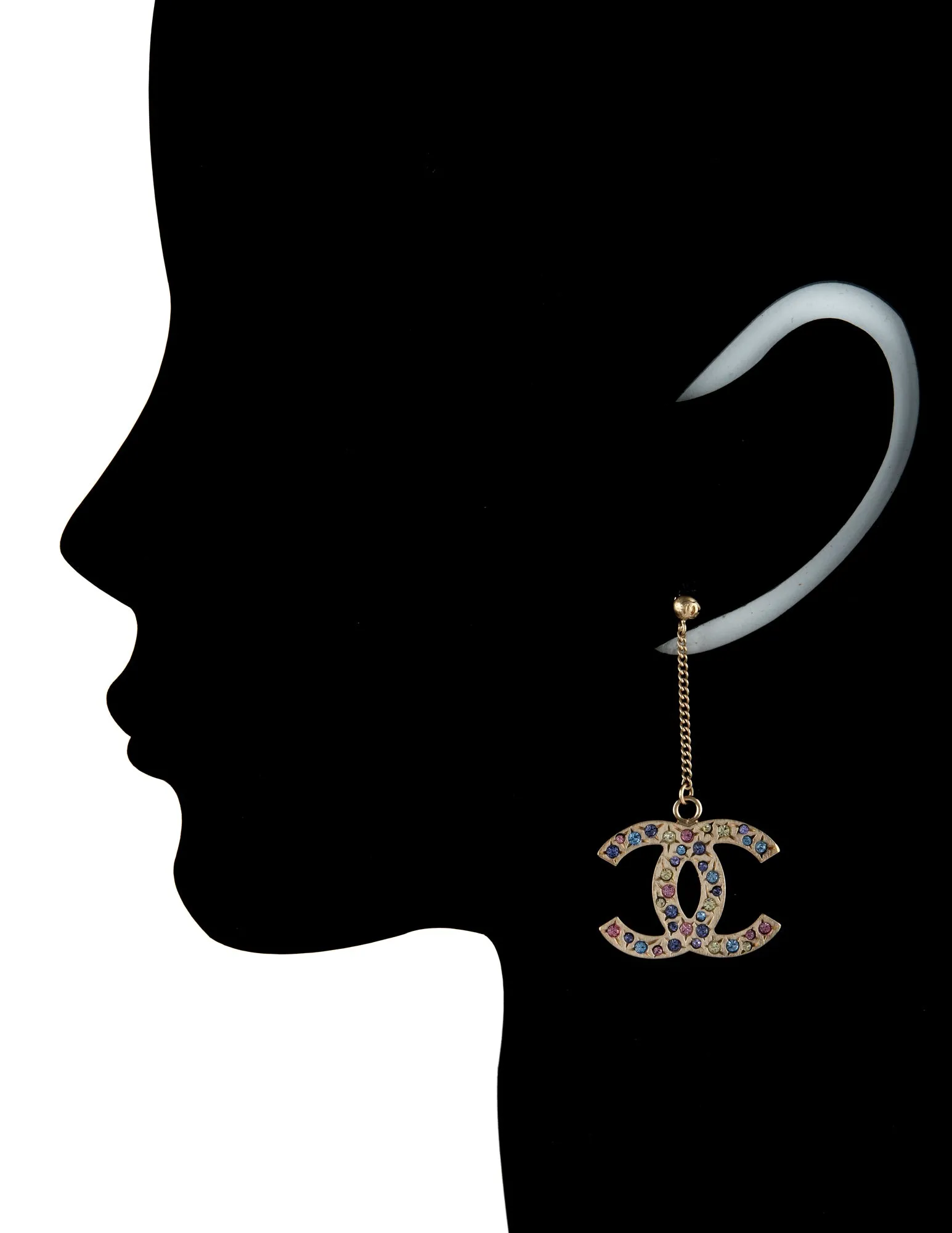 Chanel CC Logo Dangle Earrings Pastel Crystal Stones Yellow Gold Tone Circa 2006