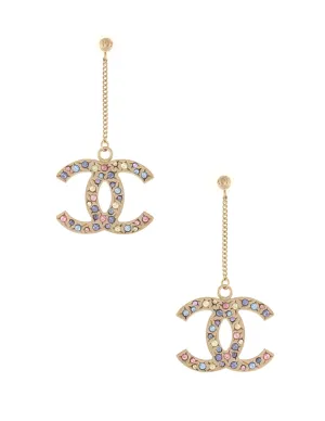 Chanel CC Logo Dangle Earrings Pastel Crystal Stones Yellow Gold Tone Circa 2006