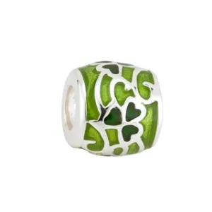 Charm Bead Green Enamel Shamrock Tube Sterling Silver