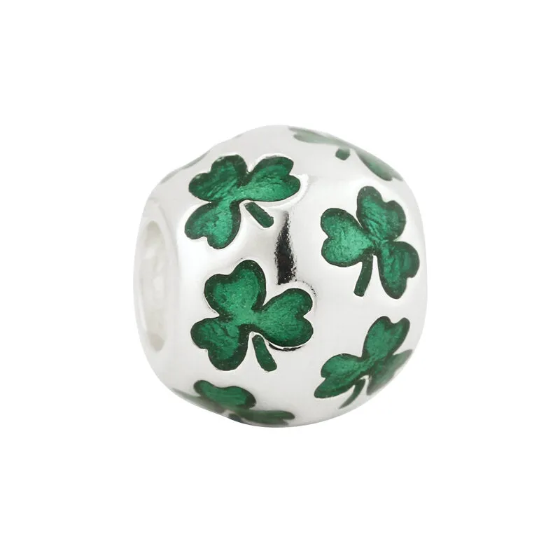 Charm Bead Green inlaid enamel Shamrock Sterling Silver.