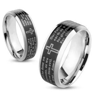 Charming Polished Stainless Steel Band with Laser Engraved "Lord's Prayer" on a Black Band. Couple Ring