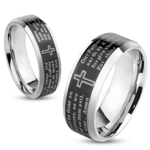 Charming Polished Stainless Steel Band with Laser Engraved "Lord's Prayer" on a Black Band. Couple Ring