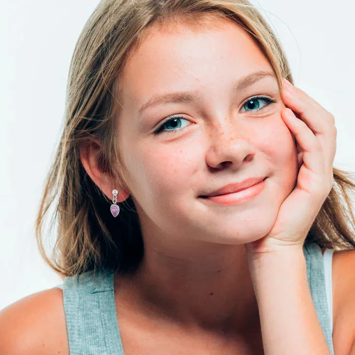 Children's, Teens' and Mothers' Earrings:  Hypoallergenic Surgical Steel Pink CZ Heart Dangles with Screw Backs