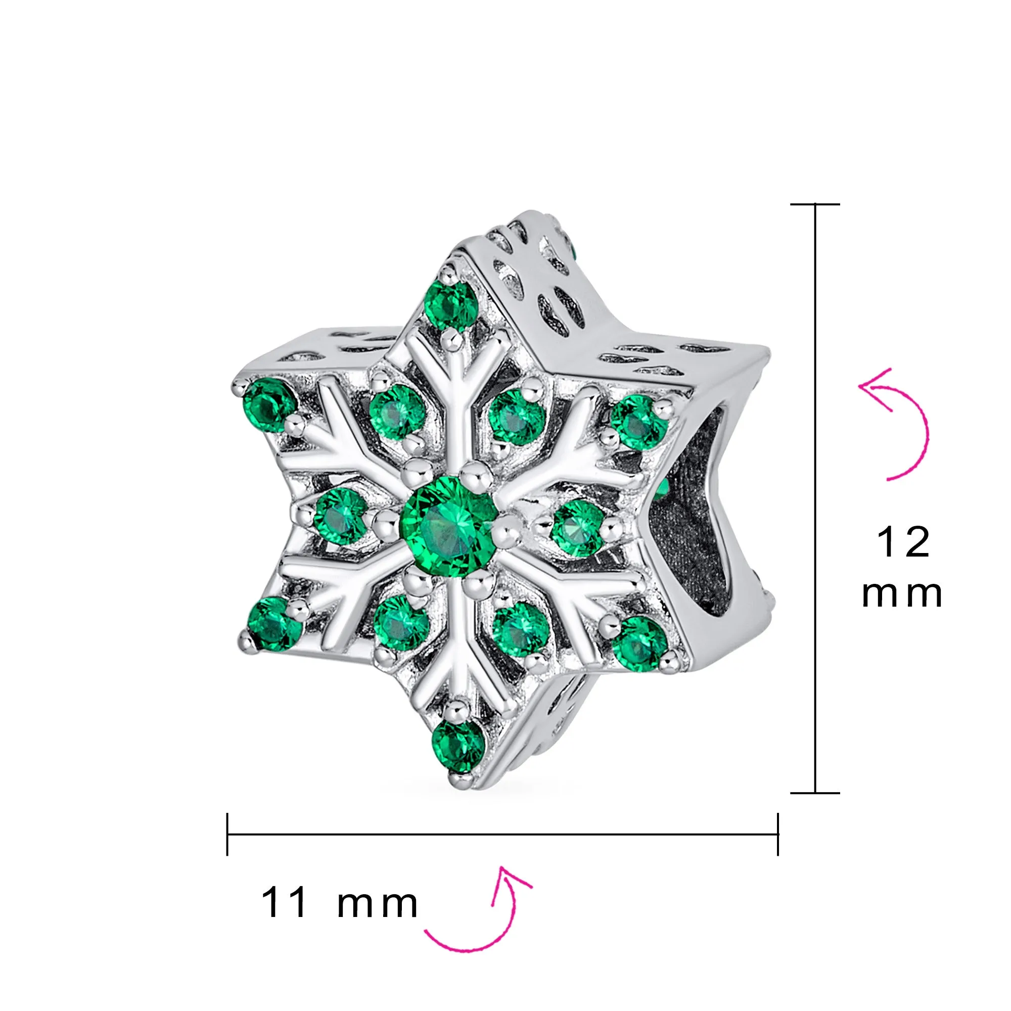 Christmas Charm Bead Green Crystal Snowflake for European Bracelet Silver