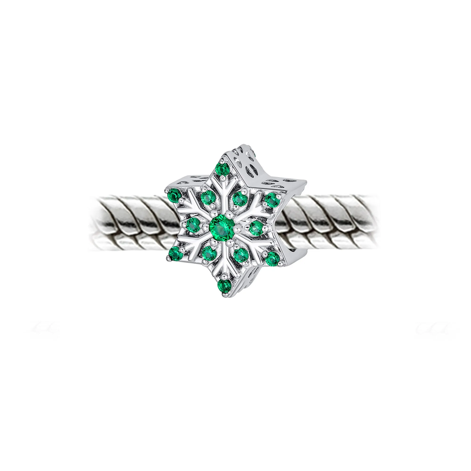 Christmas Charm Bead Green Crystal Snowflake for European Bracelet Silver