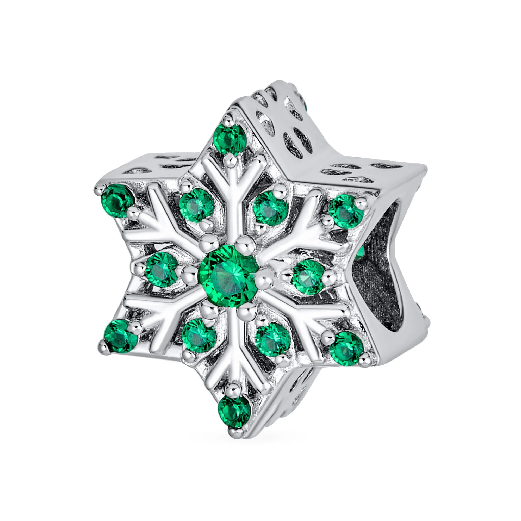 Christmas Charm Bead Green Crystal Snowflake for European Bracelet Silver
