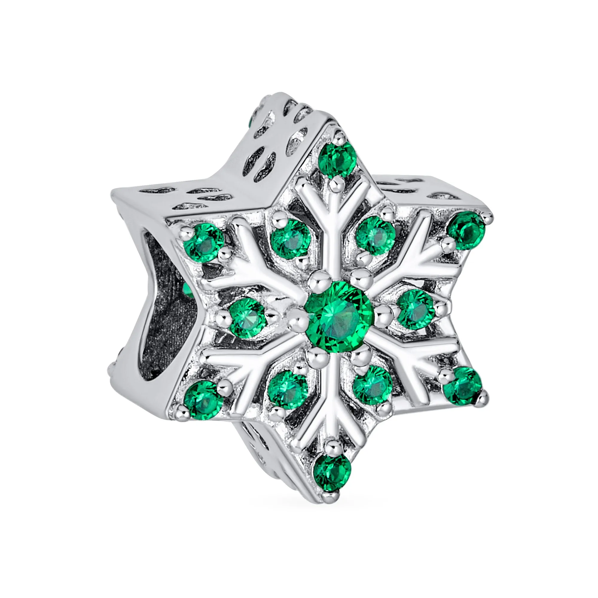 Christmas Charm Bead Green Crystal Snowflake for European Bracelet Silver