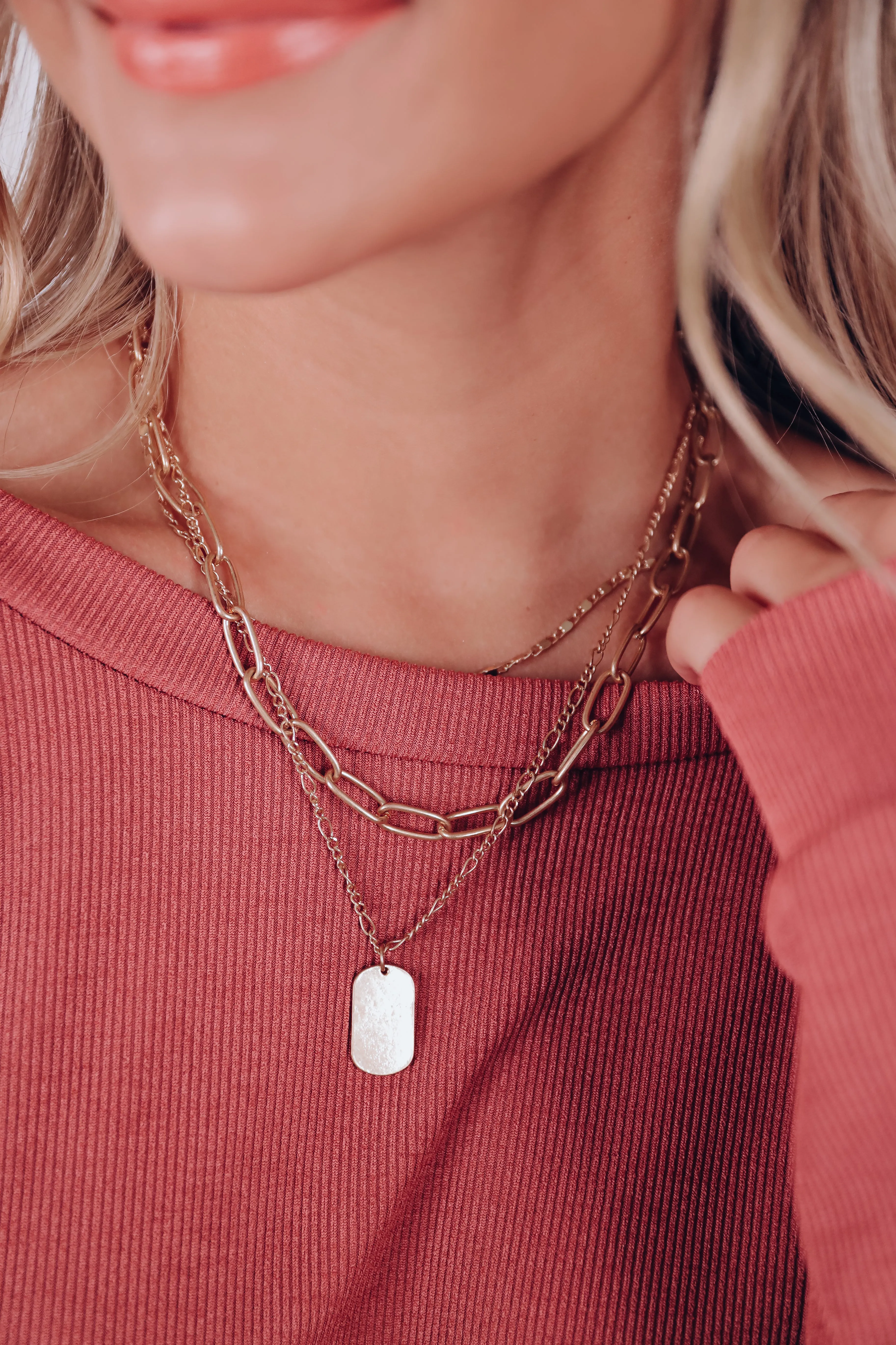 Chunky Chain Metal Tag Layered Necklace - Gold