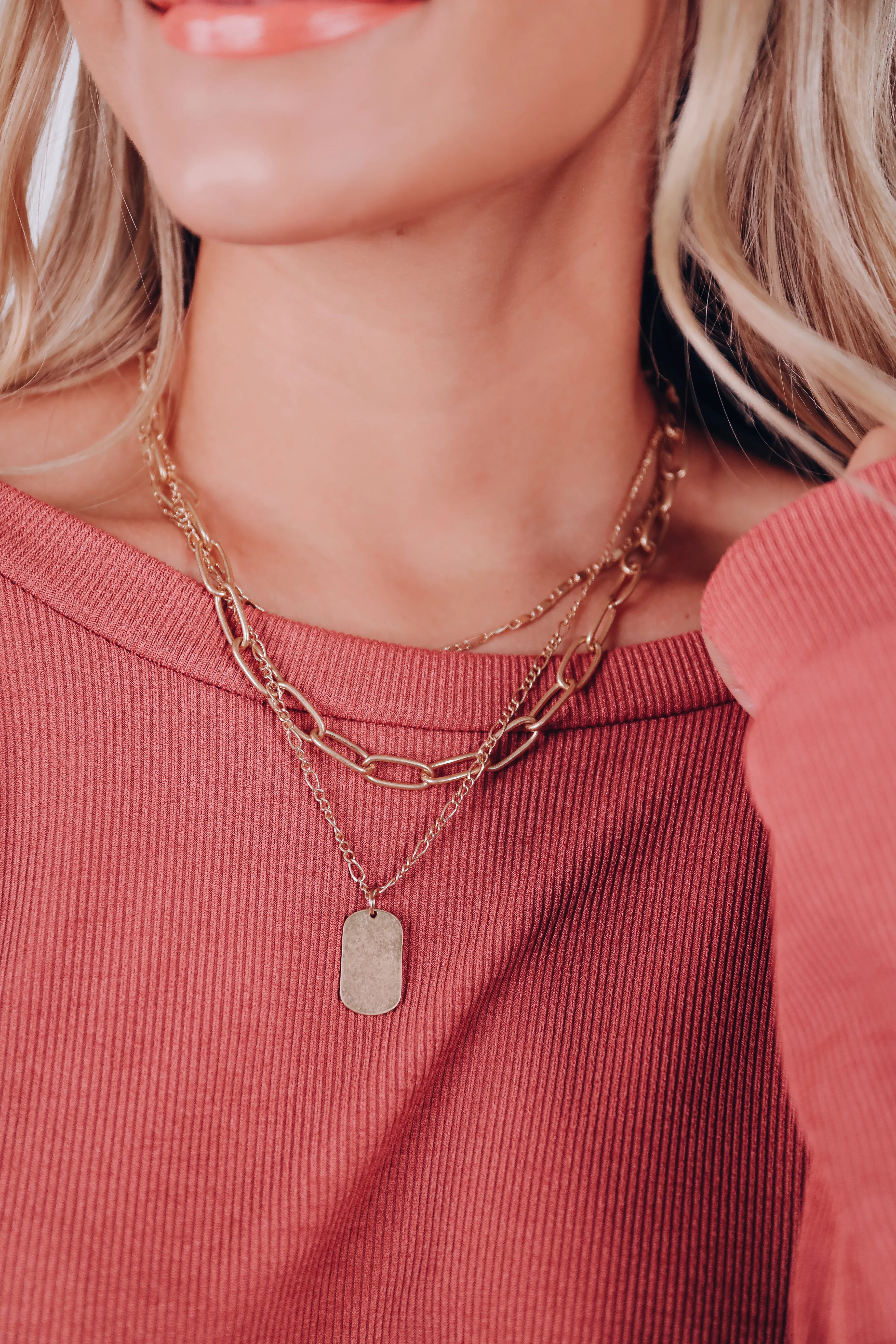 Chunky Chain Metal Tag Layered Necklace - Gold