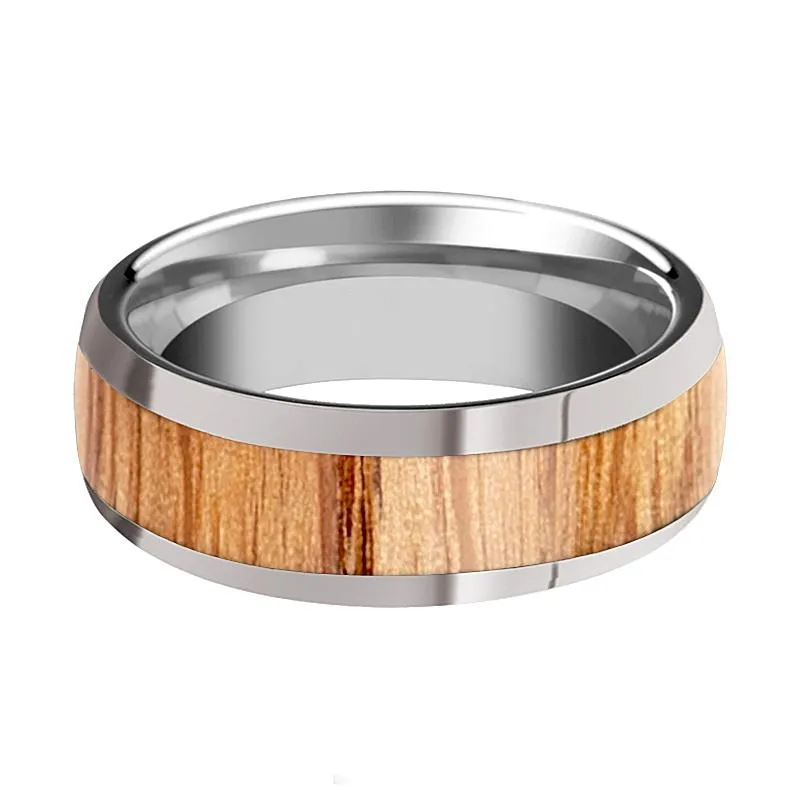 CINDER | Silver Tungsten Ring, Red Oak Wood Inlay, Domed