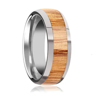 CINDER | Silver Tungsten Ring, Red Oak Wood Inlay, Domed