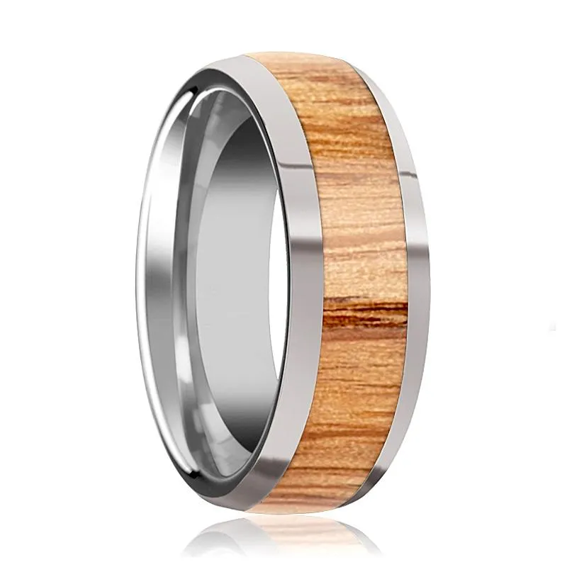CINDER | Silver Tungsten Ring, Red Oak Wood Inlay, Domed