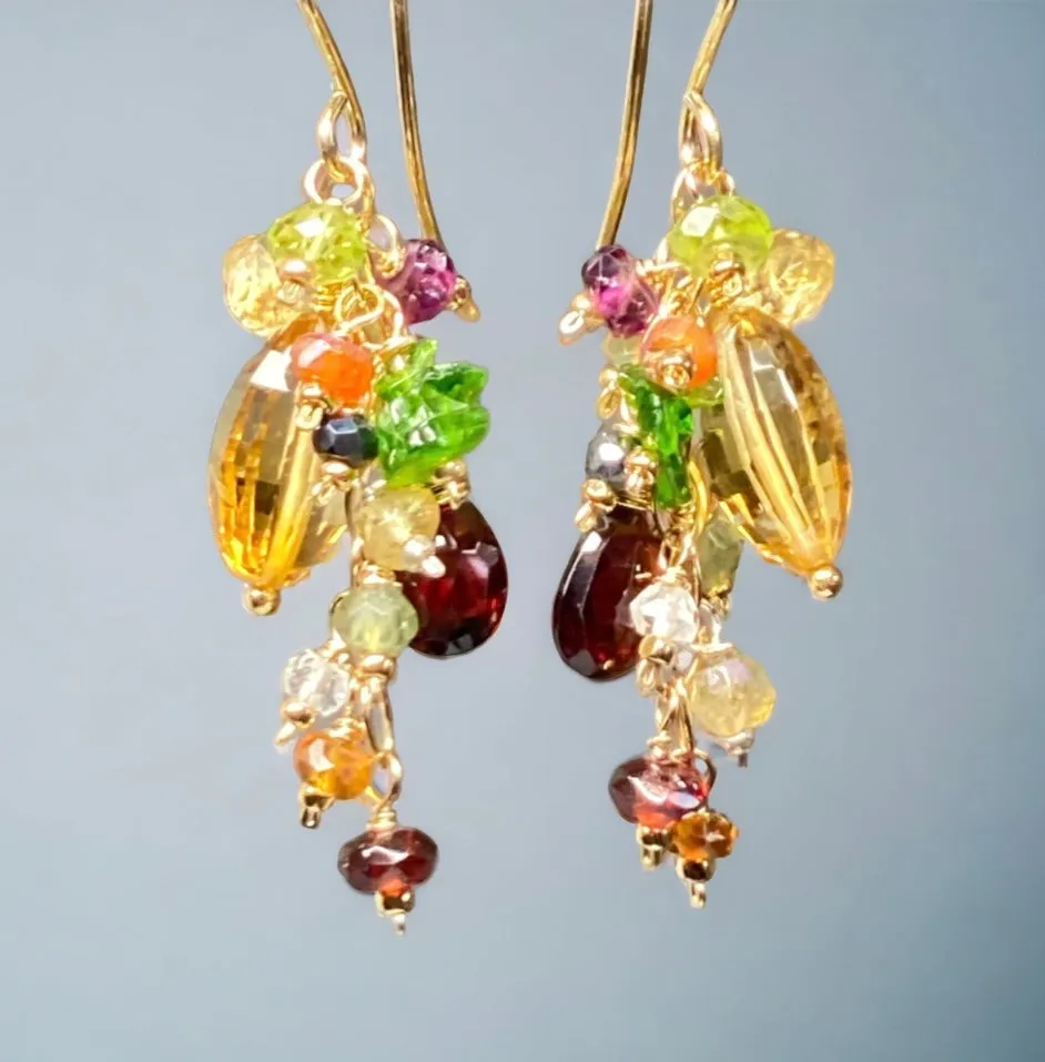 Citrine Dangle Earrings with Multi Gemstone Cluster, Garnet, Opal, Chrome Diopside